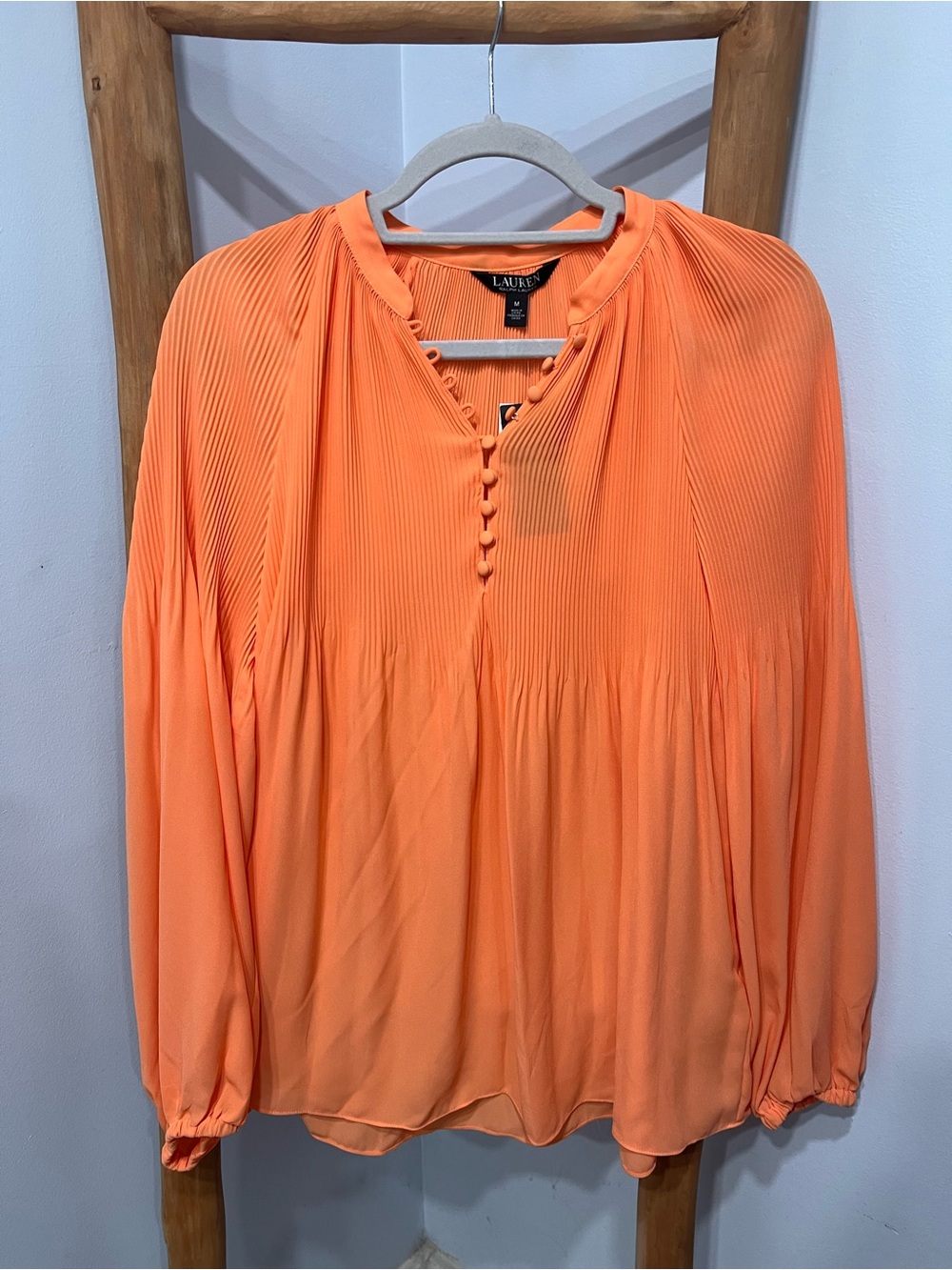 NWT Lauren Ralph Lauren Orange Pleated Blouse Button Front Top M